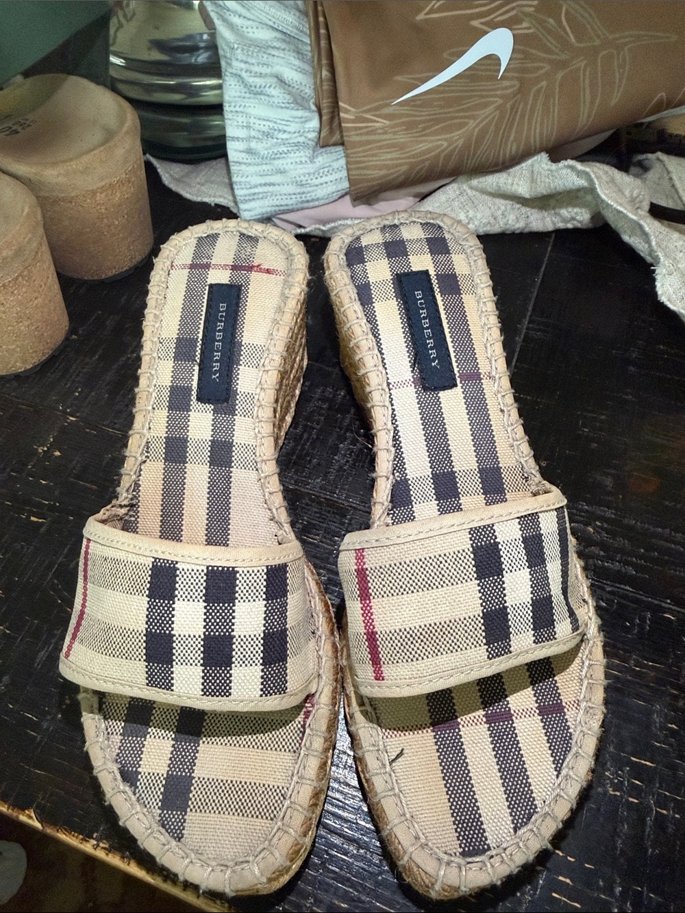 Burberry Nova Check espadrille slide sandals.